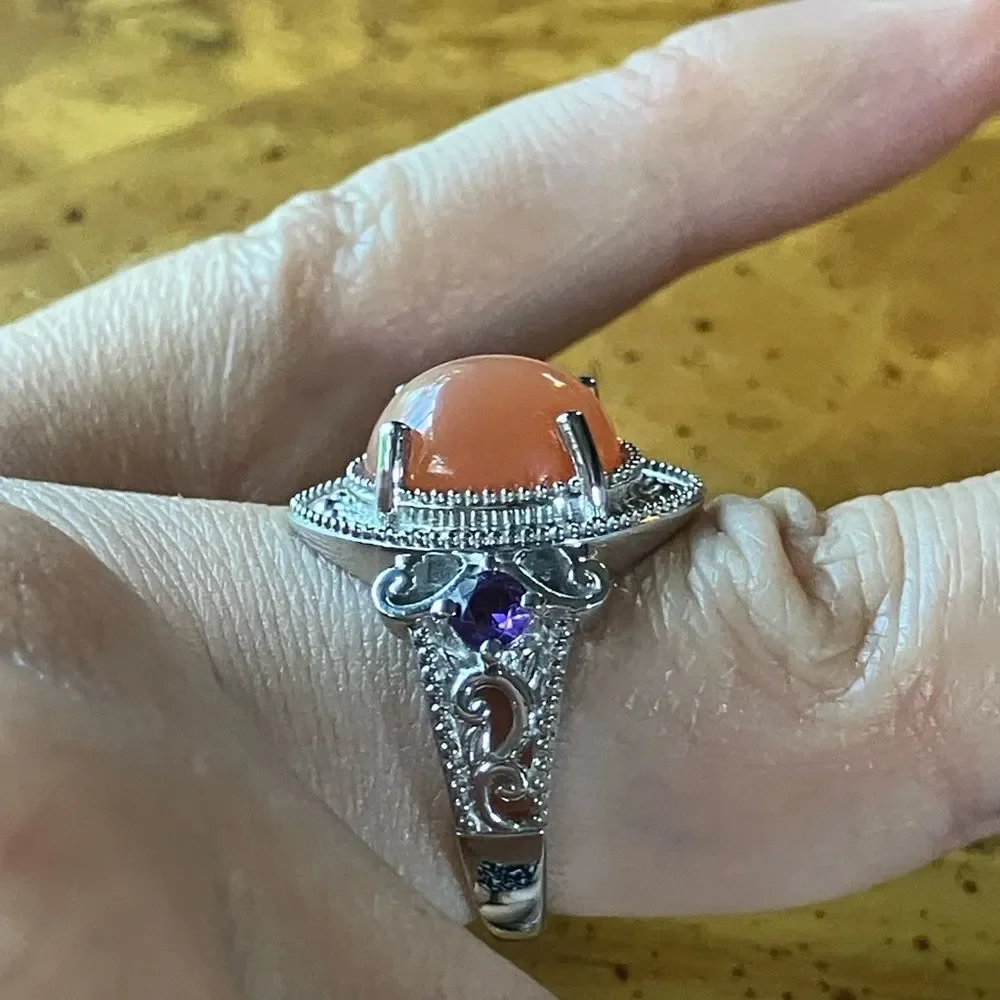 Natural Peach Moonstone African Amethyst Sterling Silver Ring Size 7
